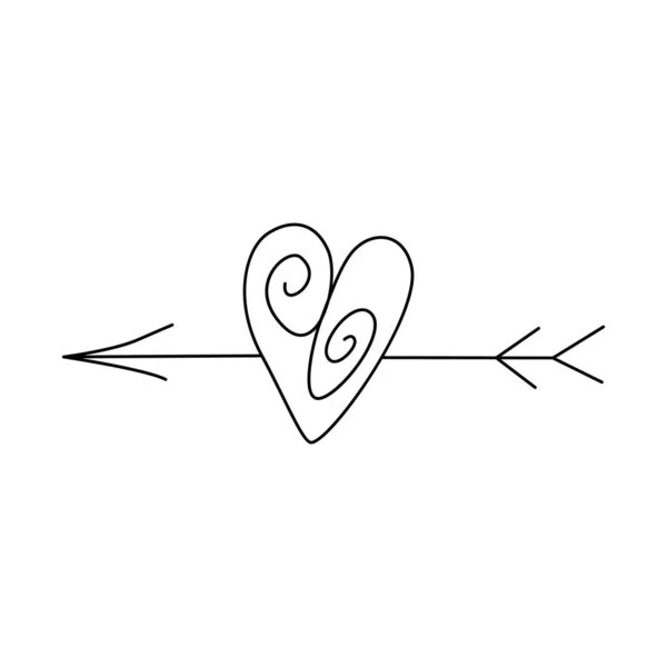Karalama tarzında okla delinmiş bir kalp. Beyaz arkaplanda vektör çizimi izole edildi. Sevgililer Günü için dekoratif öğe