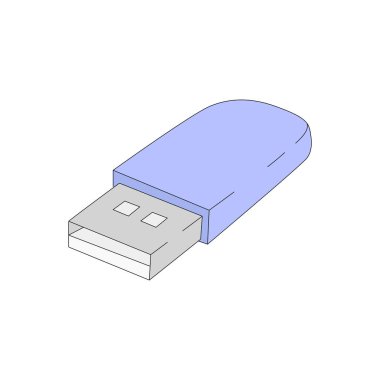 Çizgi film tarzında renkli bir flash disk. Beyaz arkaplanda vektör çizimi izole edildi. USB depolama simgesi