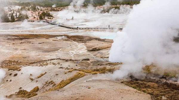 Aerial View Hot Zone Covering Sulphur Smoke Geyser Background Tourists — Stock Photo, Image