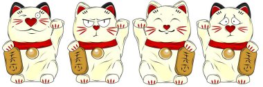 Dört farklı maneki-neko kedisi duruyor.
