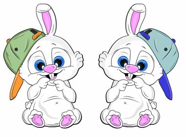 Şapkalı iki beyaz tavşan çocuk.