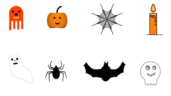 Gruselige Halloween Dekorationen Gespenst Kürbis Spinnennetz Kerze Babygeist Spinne Fledermaus — Stockvektor