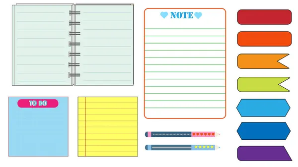 Kolekce Notebooku Papírové Poznámky Samolepky Poznámky Upomínka Pošta Lepicí Páska — Stockový vektor