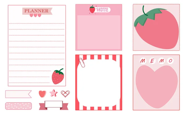 Collection Set Cute Strawberry Planner Memo Notepad Paper Reminder Sticky — Stock Vector
