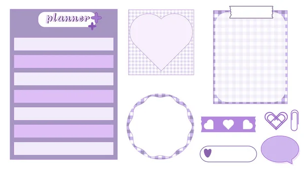 Set Cute Purple Planner Template Notepad Memo Sticky Note Reminder — Stock Vector