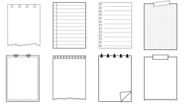 成套空白纸模板可打印的条带便条 计划器 日记账 备忘录 书写垫 — 图库矢量图片