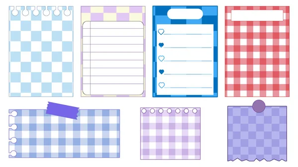 Set Cute Checkers Gingham Paper Notepad Memo Planner Sticky Note — Stock Vector