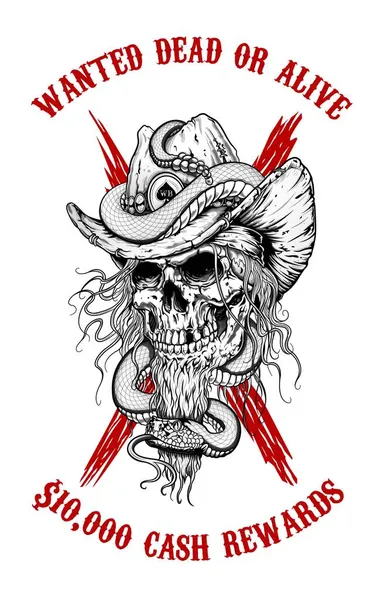 Dibujo de un cráneo de vaquero en un sombrero con una serpiente en la cabeza Ilustraciones De Stock Sin Royalties Gratis