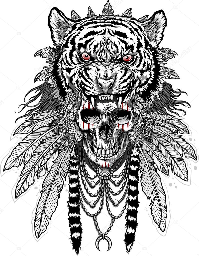 shaman skull in a scary tiger ritual mask
