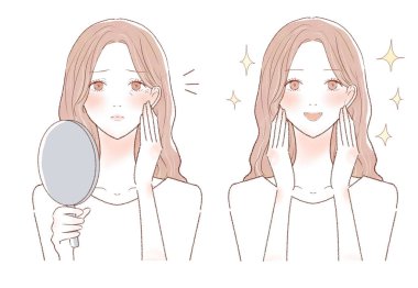 Güzel havadan muzdarip bir kadının öncesi ve sonrası. Beyaz arkaplanda.