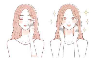 Makyajını silen bir kadının öncesi ve sonrası. Beyaz arkaplanda.