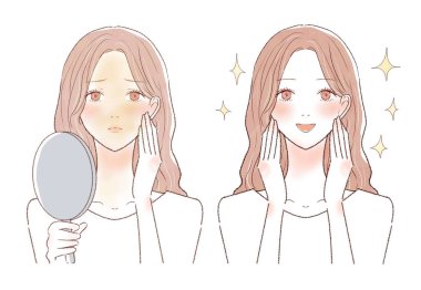 Güneş yanığı ve donukluktan muzdarip kadınların öncesi ve sonrası. Beyaz arkaplanda.