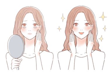 Düşük tirajdan dolayı gözlerinin altındaki ayıdan muzdarip bir kadından önce ve sonra. Beyaz arkaplanda.