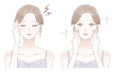 Başı ağrıyan kadınlardan önce ve sonra. Beyaz arkaplanda.