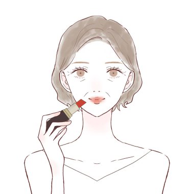 Ruj süren orta yaşlı bir kadın. Beyaz arkaplanda.