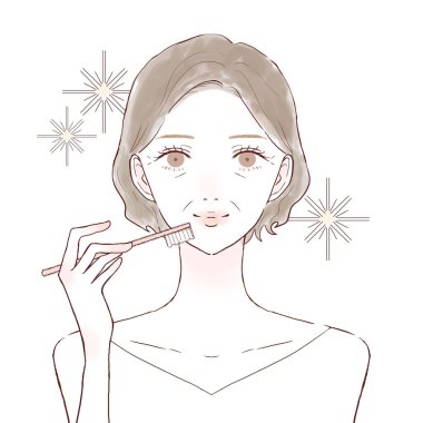 Orta yaşlı bir kadın dişlerini fırçalıyor. Beyaz arkaplanda.