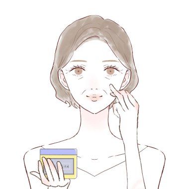 Yüzünde vazelin olan orta yaşlı bir kadın. Beyaz arkaplanda.