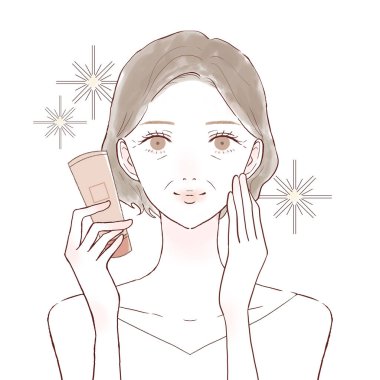 Kozmetik kullanan orta yaşlı bir kadın. Kozmetik efektlerin görüntüsü. Beyaz arkaplanda.