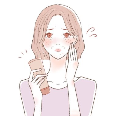 Anlaşamadığımız kozmetik ürünleri yüzünden cildi pürüzlü olan orta yaşlı bir kadın. Beyaz arkaplanda.