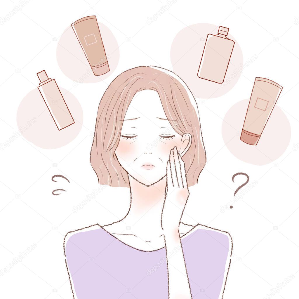 A middle-aged woman who is wondering which cosmetics manufacturer to choose. On white background.