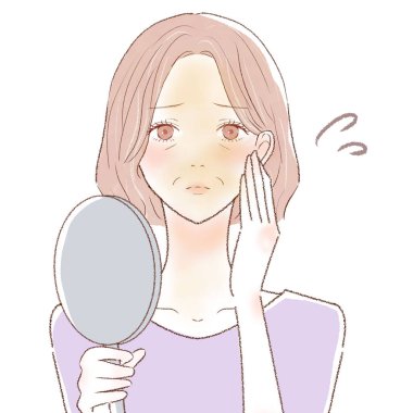 Güneş yanığı olan orta yaşlı bir kadın. Beyaz arkaplanda.