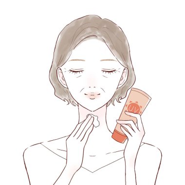 Boynuna güneş kremi süren orta yaşlı bir kadın. Beyaz arkaplanda.