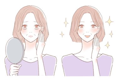 Düşük tirajdan dolayı gözlerinin altında ayı olan orta yaşlı bir kadından önce ve sonra. Beyaz arkaplanda.