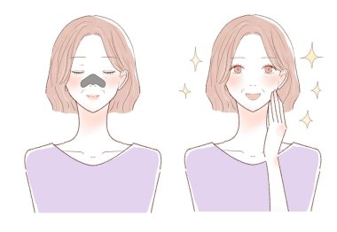 Öncesinde ve sonrasında orta yaşlı kadınların burun torbaları. Beyaz arkaplanda.