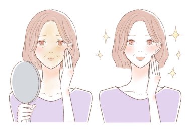 Güneş yanığı olan orta yaşlı kadınlardan önce ve sonra. Beyaz arkaplanda.