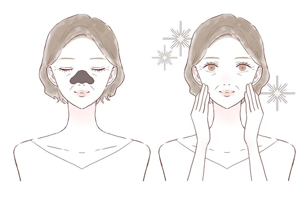 Vorher Und Nachher Von Frauen Mittleren Alters Nasenpackungen Auf Weißem — Stockvektor