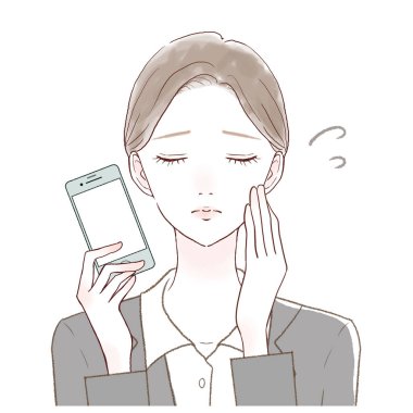 Akıllı telefonu olan takım elbiseli bir kadındır. Sıkıntılı bir ifadem var..