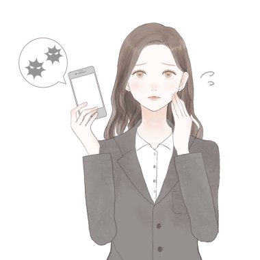 Akıllı telefondan virüs bulaşmış takım elbiseli bir kadın. Beyaz arkaplanda.