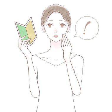 Acemi damgası olan sürpriz bir kadın. Beyaz arkaplanda.