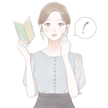 Acemi damgası olan sürpriz bir kadın. Beyaz arkaplanda.