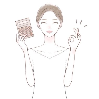 Hesap makinesini tutan ve OK işaretini tutan kadın. Beyaz arkaplanda.