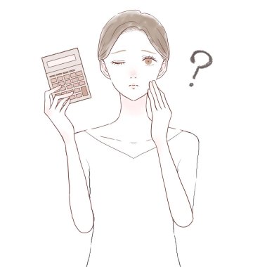 Hesap makineli bir kadın, sorguluyor. Beyaz arkaplanda.