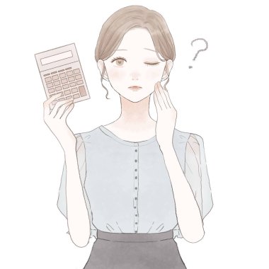 Hesap makineli bir kadın, sorguluyor. Beyaz arkaplanda.