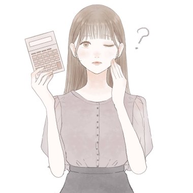 Hesap makineli bir kadın, sorguluyor. Beyaz arkaplanda.