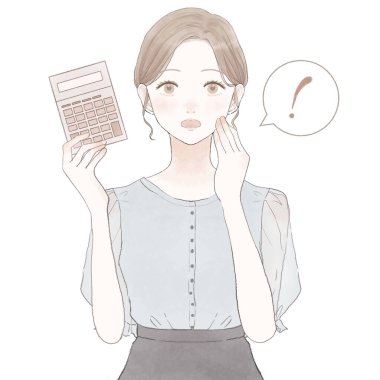 Hesap makineli bir kadın. Beyaz arkaplanda.