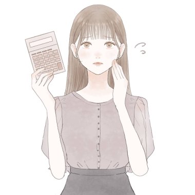 Hesap makinesine ihtiyacı olan bir kadın. Beyaz arkaplanda.