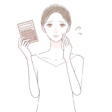 Hesap makinesine ihtiyacı olan bir kadın. Beyaz arkaplanda.