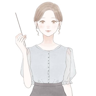 Kadın talimat çubuğuyla açıklıyor. Beyaz arkaplanda.