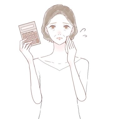 Hesap makinesine ihtiyacı olan orta yaşlı bir kadın. Beyaz arkaplanda.