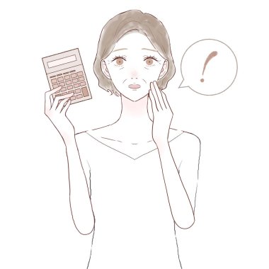 Şaşırmış hesap makinesi olan orta yaşlı bir kadın. Beyaz arkaplanda.