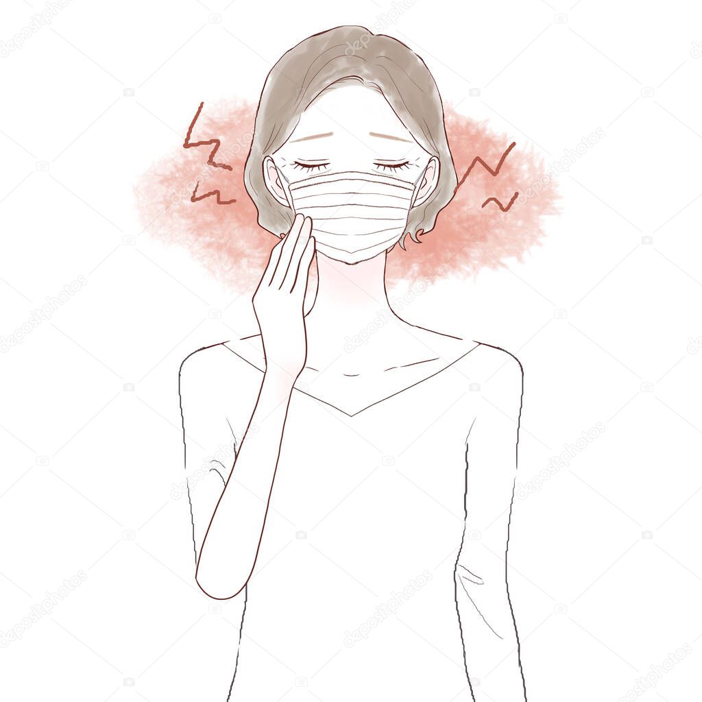 Middle-aged women suffering from friction and inflammation caused by wearing a mask. On white background.