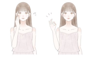 Sorunlu kadından önce ve sonra. Tamam işareti. Beyaz arkaplanda.