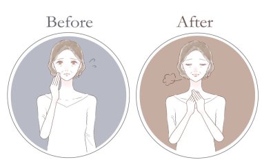 Sorunlu orta yaşlı bir kadından önce ve sonra. Beyaz arkaplanda.