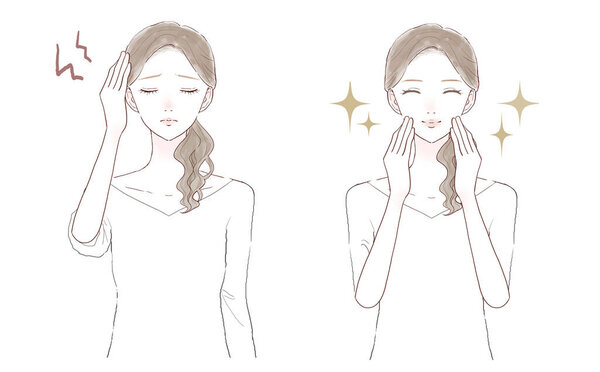 До и после женщины, страдающей от головной боли. На белом фоне.