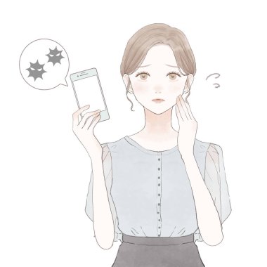 Akıllı telefonu olan kadın virüse maruz kalmış. Beyaz arkaplanda.