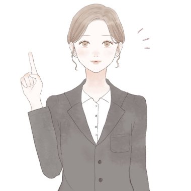 Takım elbiseli kadın parmağıyla anlatıyor. Beyaz arkaplanda.